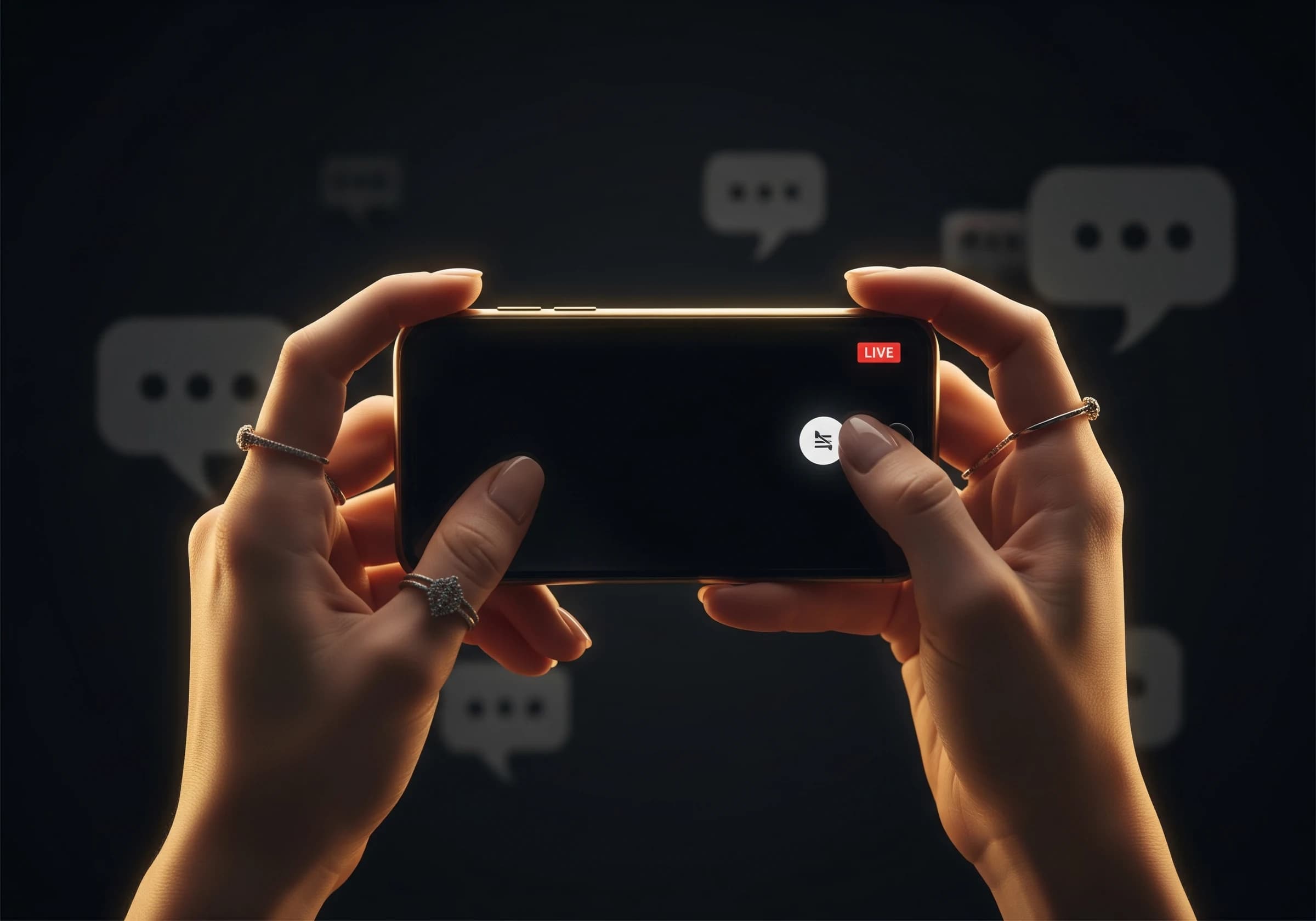 ゴールドの光の中でスマートフォンを持つライブ配信のイメージ